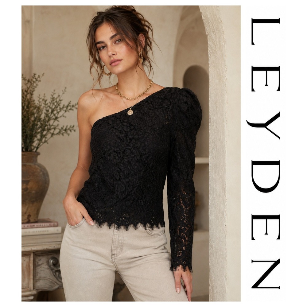Romantic Black Embroidered Floral Lace One Shoulder Elegant Blouse Top L NWT
